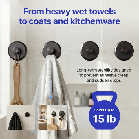 No Drill Suction Cup Hooks For Shower And Bathroom 4 Pack Strong Hold Towel Hooks holding towel and brush on glass