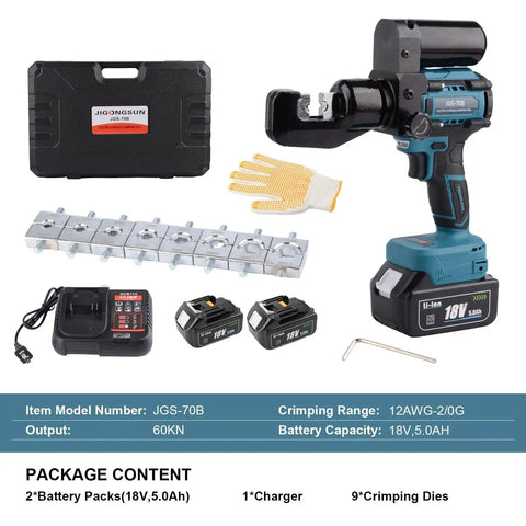 Heavy Duty Electric Hydraulic 8 Ton Battery Cable Crimping Tool With Nine Fast Swap Dies For Flawless 12AWG To 2/0AWG Lug Termination, kit with battery and charger.