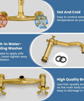 Commercial Wall Mounted Kitchen Faucet 8 Inch Center Mount With Double Cross Handles 360 Degree Rotatable Spout Antique Brass Finish