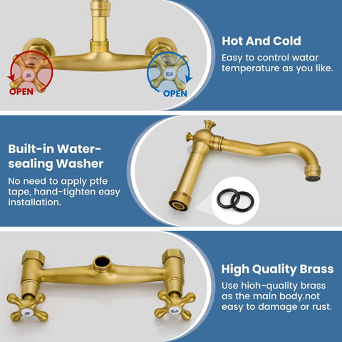 Commercial Wall Mounted Kitchen Faucet 8 Inch Center Mount With Double Cross Handles 360 Degree Rotatable Spout Antique Brass Finish