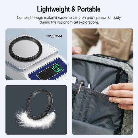 M54X0.75 Male To M48X0.75 Female Telescope Adapter shown lightweight on scale and fitting in backpack, highlighting portability.