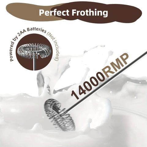 Close-up of handheld milk frother cordless electric foam maker with stainless steel whisk frothing milk at 14000 RPM