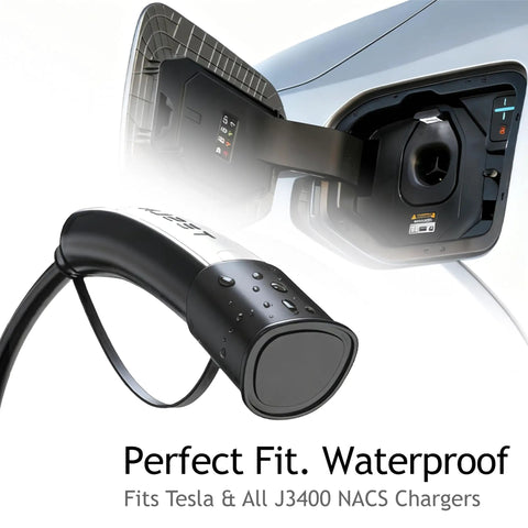 Kickass Waterproof Silicone EV Charger Plug Cover For Tesla Nacs Connector With Gnarly Tight Fit And Butter Smooth Dust Guard Shield Protector Cap Double Pack shown on a Tesla charging port.
