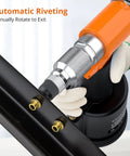 Go-To Pneumatic Hydraulic Rivet Nut Gun Set With 8 Mandrels in use, close-up on automatic riveting process on metal
