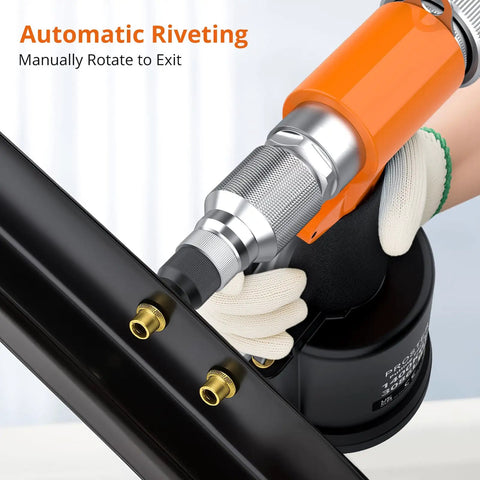 Go-To Pneumatic Hydraulic Rivet Nut Gun Set With 8 Mandrels in use, close-up on automatic riveting process on metal