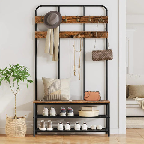 Spacious Rustic Brown Hall Tree With Bench And Coat Rack All In One Mud Room Storage With 12 Double Hooks And Shoe Organizer