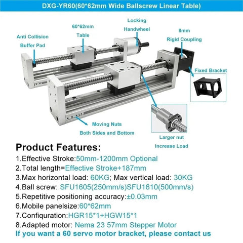 NEMA 23 Motor Sliding Table Kit Featuring Linear Actuator Rail Stage And Electric Handwheel For Knockout CNC Workbench XYZ Axis Precision On Sturdy Aluminum Profiles Gonna Nail Your Workshop Projects Smooth As Butter Ready To Roll Package image showing DXG-YR60 ballscrew linear table with detailed components.