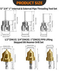 Four In One PVC Pipe Threader And Reaming Tool Set dimensions and sizes for various drill bits and reaming tools shown in image.