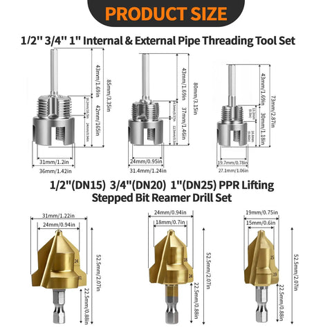 Four In One PVC Pipe Threader And Reaming Tool Set dimensions and sizes for various drill bits and reaming tools shown in image.