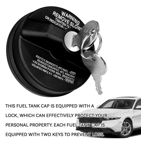 Lockin Gas Cap With Key Replacement For Toyota Tacoma 4Runner Tundra Honda CRV Chevy Silverado GMC Buick Cadillac Infiniti Acura And More, displayed with keys