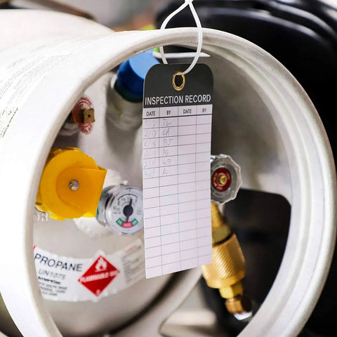 Equipment Inspection Tags 24 Pack 6 by 3 Inches White PVC Waterproof and Rip-Resistant With Eyelets on propane tank