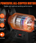 Built Tough Mini Belt Sander With Variable 350W Motor, powerful copper motor illustration highlighting 8500 RPM performance.