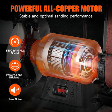 Built Tough Mini Belt Sander With Variable 350W Motor, powerful copper motor illustration highlighting 8500 RPM performance.