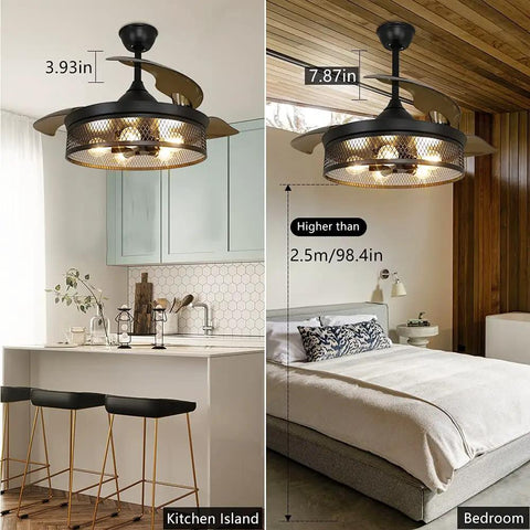 42 Inch Caged Ceiling Fan With Remote Control And Lights Dope Farmhouse Flush Mount Low Profile Ceiling Fan For Kitchen Bedroom And Living Room Matte Black Finish E26 Base No Bulbs Included installed in kitchen and bedroom settings