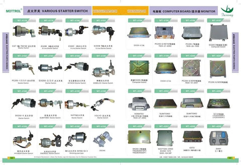 Assorted various starter switches and computer boards for heavy machinery displayed in a catalog layout with part numbers.