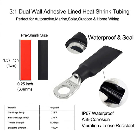 Heavy Duty 10 Gauge Wire Connectors With Heat Shrink Tubing And Tinned Copper Ring Terminals For AWG 12 To 10 Automotive RV Solar