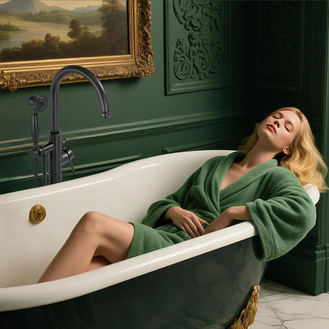 Premium Floor Mount Bathtub Faucet With Removable Sprayer, High Flow Roman Tub Filler Crafted From Solid Brass, Sleek Matte Black Finish That Hits Different To Level Up Your Bathroom Vibe Game