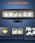 Beefy 4 Pack 18W Six Inch Flood LED Pods Waterproof Off Road Fog Light Bar With 16AWG Wiring Harness Kit For Boat SUV ATV 4WD Car Truck Golf Cart 12V 24V Four Leads, six-LED pod close-up