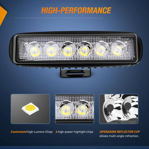 Beefy 4 Pack 18W Six Inch Flood LED Pods Waterproof Off Road Fog Light Bar With 16AWG Wiring Harness Kit For Boat SUV ATV 4WD Car Truck Golf Cart 12V 24V Four Leads, six-LED pod close-up
