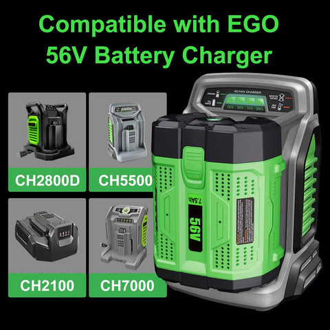 EGO 56V battery charger compatibility showcase with four models: CH2100, CH2800D, CH5500, CH7000. Visible charger design.