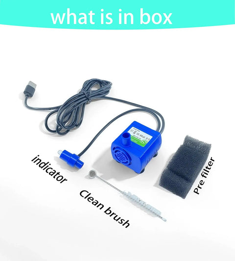 Cat Water Fountain Pump Submersible USB 5V, Ultra Quiet No Fuss Auto Shut Off, with cable, brush, indicator, and filter