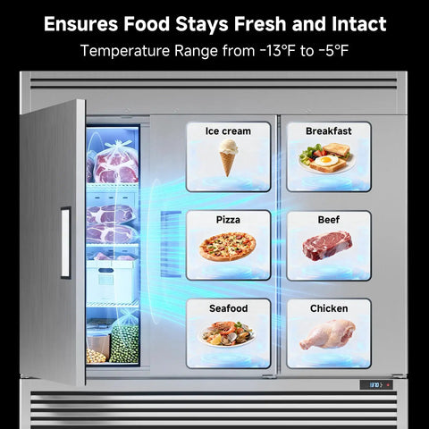 Built Different Commercial Reach In Upright Freezer With Three Solid Doors 72 Cubic Feet showcasing various food items stored inside.
