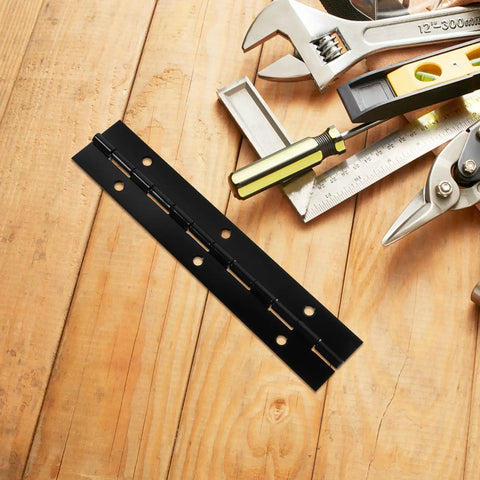 Heavy Duty Iron Piano Hinges Set for Doors and Cabinets, black 6 inch continuous hinge on wooden surface with tools