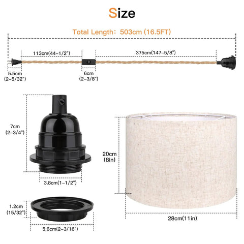 Plug And Play Boho Pendant Light With 16 FT Natural Linen Shade And Integrated On Off Switch Hemp Cord showing size and components.