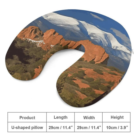Pikes Peak Colorado Travel Pillow U Shaped Neck Support for Long Haul Flights, image of pillow with mountain design