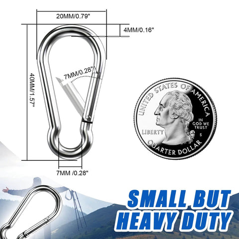 Heavy Duty 1.57 Inch Carabiner Clip Set, 15 Pcs 304 Stainless Steel Spring Hooks with size comparison to a quarter