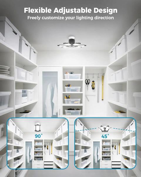 Ultra Bright 250W LED Garage Light 25000LM With 7 Foldable Panels installed in a tidy storage room, showcasing adjustable angle options.