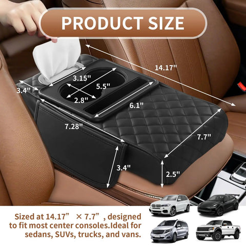 5-In-1 Universal Car Center Console Cover With Cup Holder And Armrest Upgrade Cushion, PVC Leather Black, size dimensions