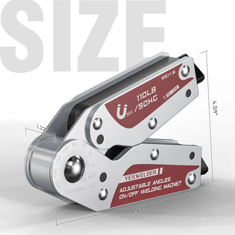 Industrial Grade Adjustable Angle Welding Magnet With 110lb Holding Power 20 To 200 Degree Magnetic Holder, size details shown