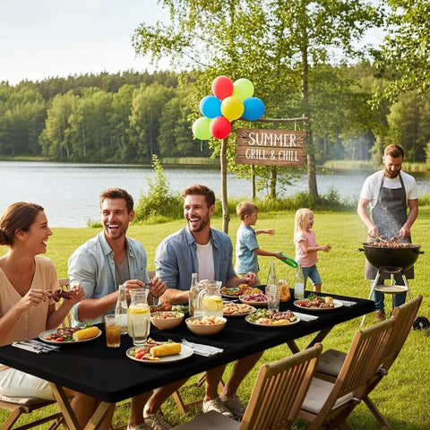 Waterproof Elastic Fitted Table Cloth For 6 Foot Tables Washable Polyester Table Cover For Picnic And Outdoor Use Elastic Edge