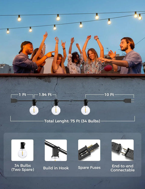 Smart Outdoor String Lights 75 Feet G40 Globe Patio Lights With 34 Dimmable LED Bulbs, WiFi App Control, party setting