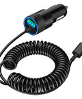 MFi Certified 75W USB C PD And QC Car Charger With 6Ft Coiled Cable For iPhone 17 Series 16 15 Pro Max Plus Galaxy S26 S25 Pixel Fast Charge In Your Car, showing LED display and USB-C connector