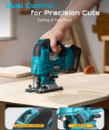 Badass Brushless Cordless Jigsaw Featuring Dual Four Ah Batteries And Rock Solid Variable Speed Settings For Lightning Fast Precision Cuts On Wood And Steel Projects cutting through wood with dual control features.