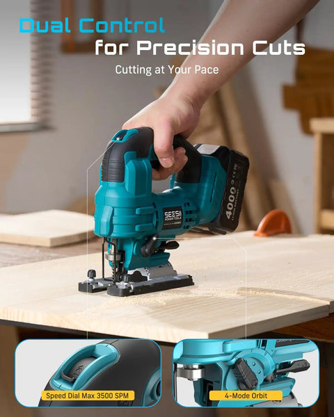 Badass Brushless Cordless Jigsaw Featuring Dual Four Ah Batteries And Rock Solid Variable Speed Settings For Lightning Fast Precision Cuts On Wood And Steel Projects cutting through wood with dual control features.