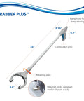 Side view of Unger 32-inch Grabber Plus reacher with rotating jaws and built-in magnet; contoured grip.