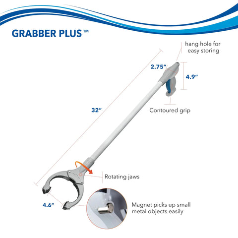 Side view of Unger 32-inch Grabber Plus reacher with rotating jaws and built-in magnet; contoured grip.