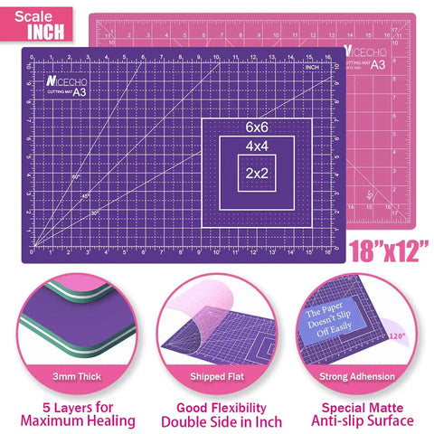 Purple self healing cutting mat, 18x12 inches, with grid for Rotary Cutter Set With 45mm And 28mm Fabric Cutters, A3 size shown.