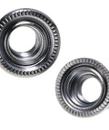 Two Pack 3/8-26 Bicycle Wheel Axle Nuts For Mountain Bikes, Flange Front Hub Bolts, chrome-plated iron construction, close-up view.