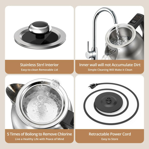 Collage of Your Go To Electric Kettle With Precise Temperature Control 1.7L 1500W 13 Temperature Settings features, stainless steel lid, pouring water, boiling water, power cord.