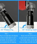 Heavy Duty Pro Grade 1-1/4 Inch Diamond Core Drill Bit attached to drill showing 45° and 90° positions for tile cutting.