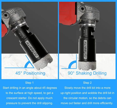 Heavy Duty Pro Grade 1-1/4 Inch Diamond Core Drill Bit attached to drill showing 45° and 90° positions for tile cutting.