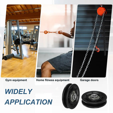 Heavy Duty Nylon Bearing Gym Pulley Wheel Set With Steel Shafts For Cable Machines Home Gym And Garage Door Training 70mm Diameter Black Fittings Durable Wear-Resistant Fitness Accessory Kit 2 Pcs; black nylon pulleys for gym and garage use