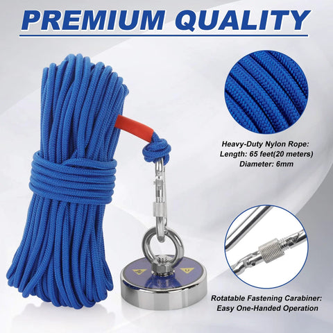 Mytracpro fishing magnet kit: blue 65 ft nylon rope with 800 lb pull magnet and metal carabiner