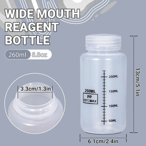 Wide Mouth Plastic Bottles With Airtight Lids Set 8.8oz 260ml Leak Proof Transparent PP Containers For Lab Or Home Use Water Samples Reagent Liquids Medicine Storage Jars Graduated, single bottle with measurements