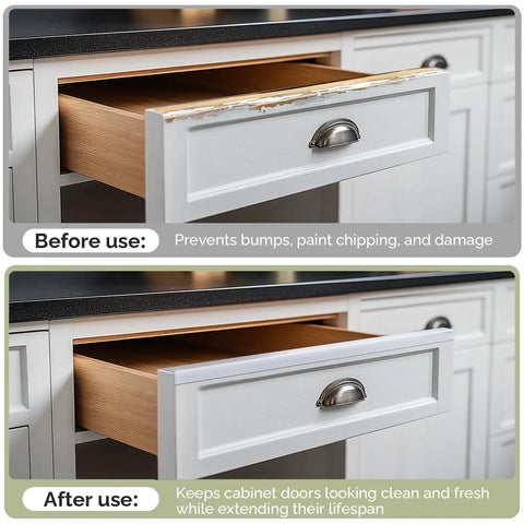 Before and after images of Heavy Duty Cabinet Door Protectors For Kitchen Cabinets 3/4 Inch Thick, showing damage prevention.