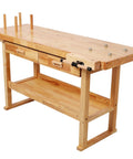 Side view of 60 Inch Solid Rubberwood Workbench With Two Smooth Sliding Drawers And A Wide Open Bottom Shelf For Tidy Tool Storage